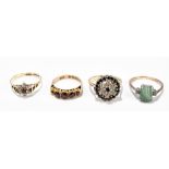 Four 9ct yellow gold dress rings including a moss agate set example, size O, floral example, size O,