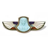 An early 20th century Egyptian revival brooch in fitted leather case, the base metal frame with