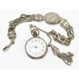 A lady's sterling silver crown wind pocket watch, the white enamel dial with gilt highlights and