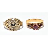 Two early 19th century yellow metal rings, one set with pink stones, the other with seed pearl and