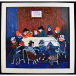 FRED YATES (1922-2008); oil on canvas, figures seated around a table, signed, 58.5 x 58.5,