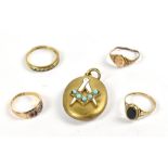 A 15ct yellow gold dress ring (af), size L1/2, approx 1.4g, two 9ct gold dress rings, approx 3.2g, a