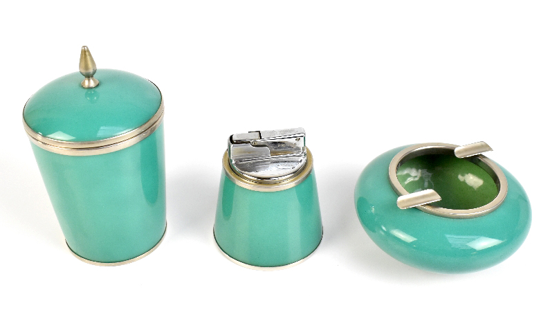 A Japanese enamel and white metal three piece smoking set, comprising cigarette holder of tapering