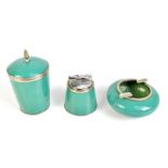 A Japanese enamel and white metal three piece smoking set, comprising cigarette holder of tapering