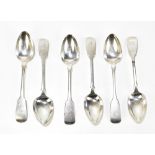 JAMES ENGLAND; a set of six Victorian hallmarked silver teaspoons, each with engraved family motto