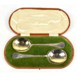 LEE & WIGFULL; a large cased pair of Edward VII hallmarked silver Arts & Crafts spoons with vacant