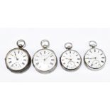 Four variously hallmarked silver key wind open face pocket watches each set with Roman numerals