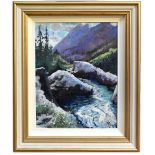 TIMMY MALLETT; oil on canvas, 'Mountain Stream', rich, colourful landscape, signed lower left, 60