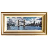 TIMMY MALLETT; oil on canvas, 'Tower Bridge and the City', signature lower right, 30 x 78cm, framed.