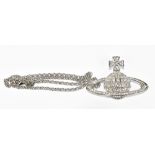 VIVIENNE WESTWOOD; a silver tone chain with large diamanté VW orb pendant, length 40cm (bag and