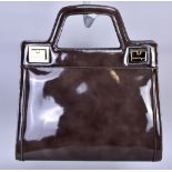 SALVATORE FERRAGAMO; a patent leather mink brown coloured handbag with silver and gold tone hardware