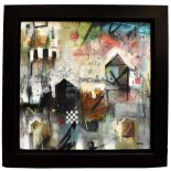 JOHN AND ELLI MILAN; acrylic on canvas, 'Urban Tapestry VI', signed lower right, 50 x 50cm, framed.