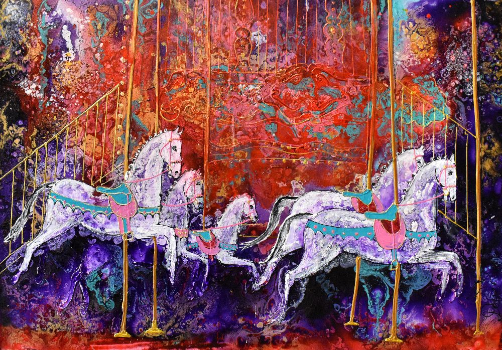 KATHERINE DOVE; mixed media on canvas, 'Carousel III' 50 x 76cm, signed lower right, framed. (D) - Image 2 of 3