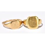An 18ct yellow gold signet ring with worn initials to the platform and indistinct inscription to the