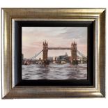 MARK SPAIN; oil on canvas, 'Tower Bridge at Dusk', 50 x 60cm, signed lower right, framed. (D)