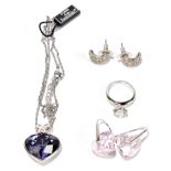 SWAROVSKI; a purple crystal heart pendant, length 42cm, a pair of pink crystal heart drop