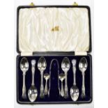 FATTORINI & SONS; a cased set of six George V hallmarked silver Shell & Thread pattern teaspoons and