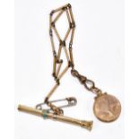 A yellow metal pocket watch chain suspending a yellow metal propelling pencil to one end and a
