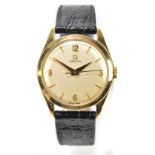OMEGA; a gentleman's 9ct cased manual wind wristwatch, with quarter Arabic numerals and batons,