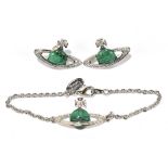 VIVIENNE WESTWOOD; a pair of orb earrings with green stone and an orb bracelet with green stone,