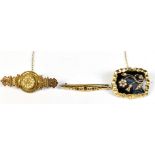 Three yellow metal brooches comprising a Victorian 15ct yellow gold seed pearl and diamond brooch, a