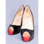 CHRISTIAN LOUBOUTIN; a pair of CL Very Prive 120 black patent leather calf court shoes with peep toe