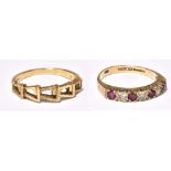 Two 9ct yellow gold dress rings, one set with white sapphire and garnet, size P, combined approx 5.