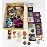 A mixed group of costume jewellery including bead and other necklaces, also a .925 silver WHO medal,