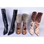 EDEN; a pair of tan leather and fur wedged boots (size 5), a pair of TMLS black leather stiletto