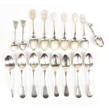 WILLIAM RAWLINGS SOBEY; a set of seven Victorian hallmarked silver Fiddle pattern teaspoons with