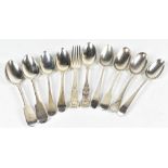 Five variously hallmarked late 18th and 19th century hallmarked silver dessert spoons, average