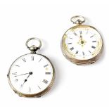 Two silver open faced fob watches, one .