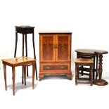 An early 20th century oak jardinière stand, height 98cm, a reproduction smoker's stand,