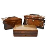 An early 19th century rosewood and mother of pearl inlaid sarcophagus tea caddy with wooden ring