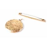 A 9ct gold bar brooch and a 9ct gold hallmarked circular locket with shield and floral scroll