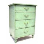 A Victorian painted chest of drawers in green with four graduated drawers on bottle feet, 102.