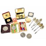 Various items to include commemorative coins, gold plated full hunter pocket watch,