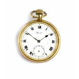 Record; a gold plated keyless wind open face pocket watch, 51mm.