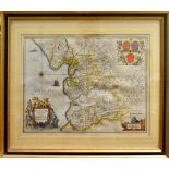 A hand coloured engraved map of Lancaster and Lancashire by Joannem Janssonium,