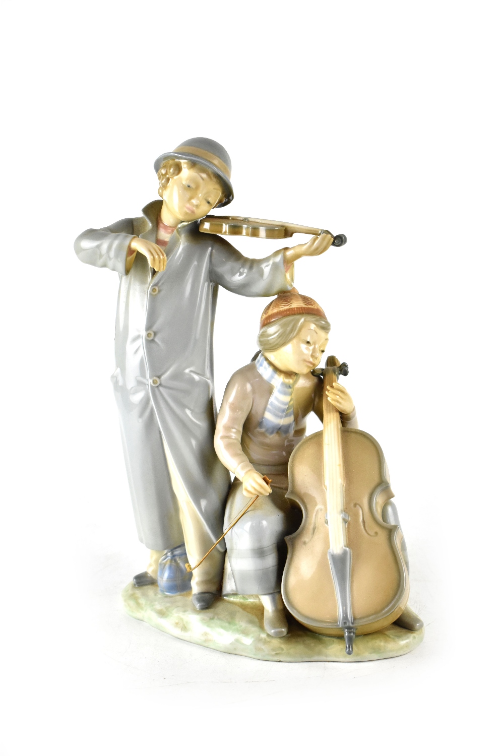 A Nao figure group of a cellist and a violinist, printed marks to base, height 34cm.