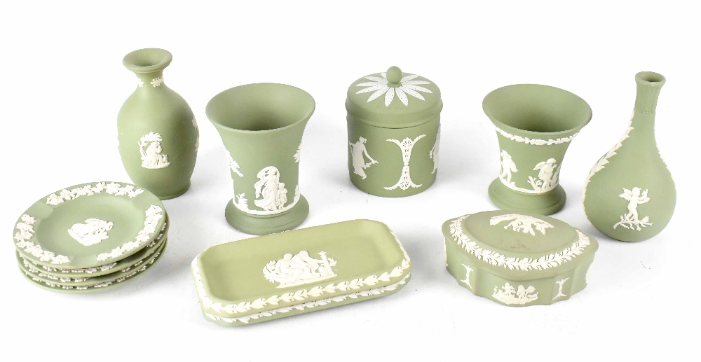 Various items of Wedgwood sage green jasper ware to include a boxed candy box with scalloped edge,