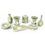 Various items of Wedgwood sage green jasper ware to include a boxed candy box with scalloped edge,