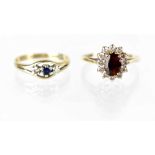 Two hallmarked 9ct gold rings, one with ruby cluster with twelve small diamonds, size L,