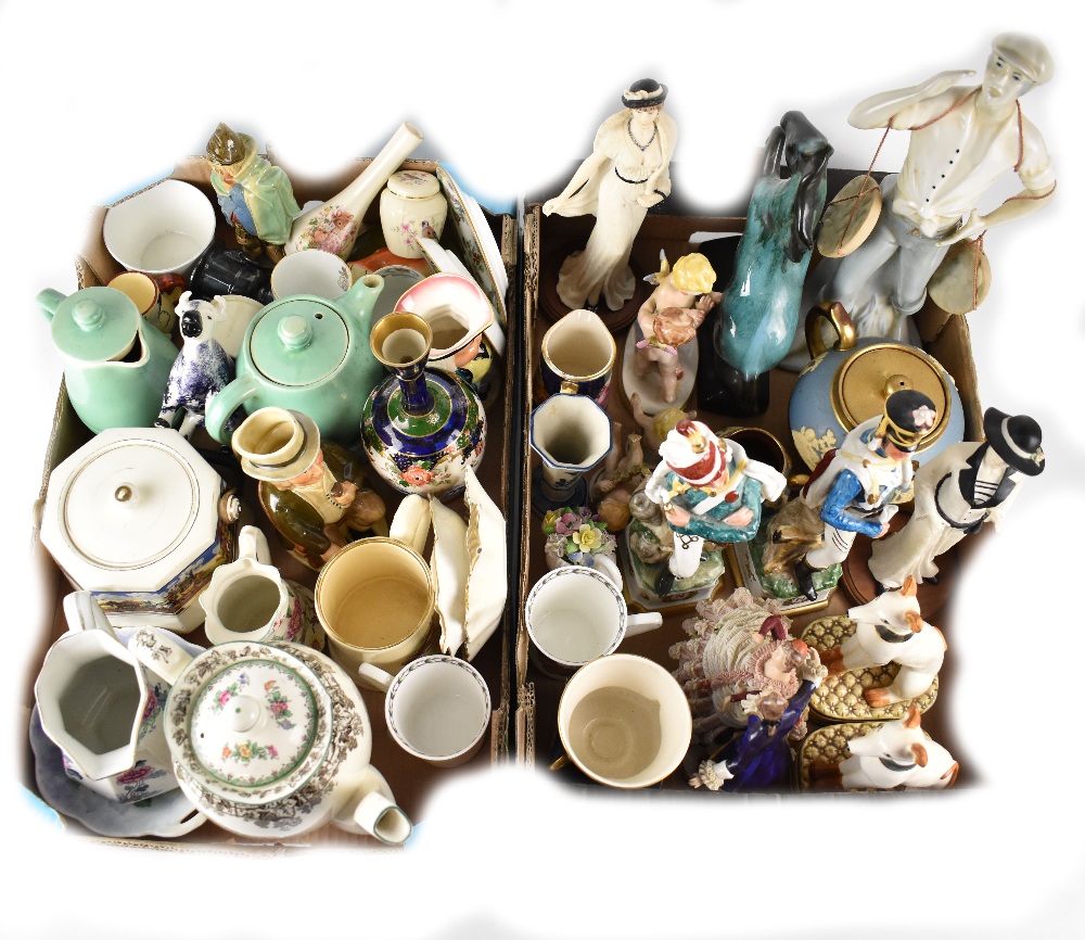 A quantity of decorative ceramics including a pair of porcelain models of soldiers,