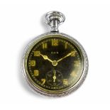 Elgin; a military-style base metal keyless wind pocket watch with black dial, 51mm (af).