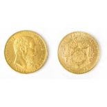 A Leopold II 1875 twenty franc gold coin.
