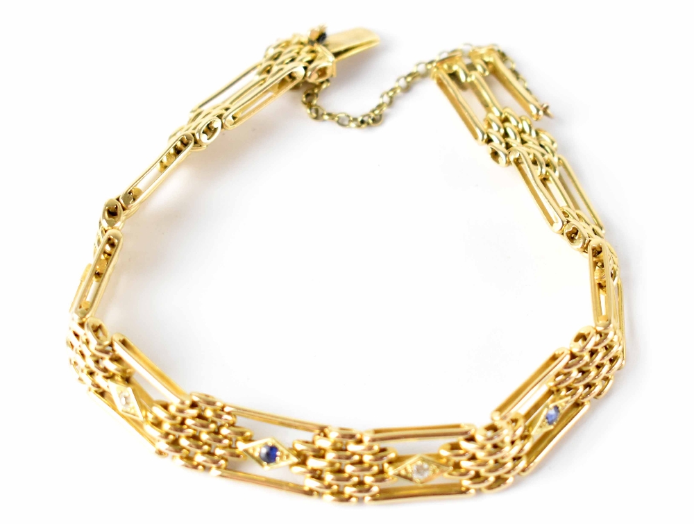 An Edwardian-style 15ct gold diamond and sapphire gate bracelet,