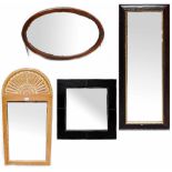 Four various contemporary mirrors to include a square example in a black faux leather frame,