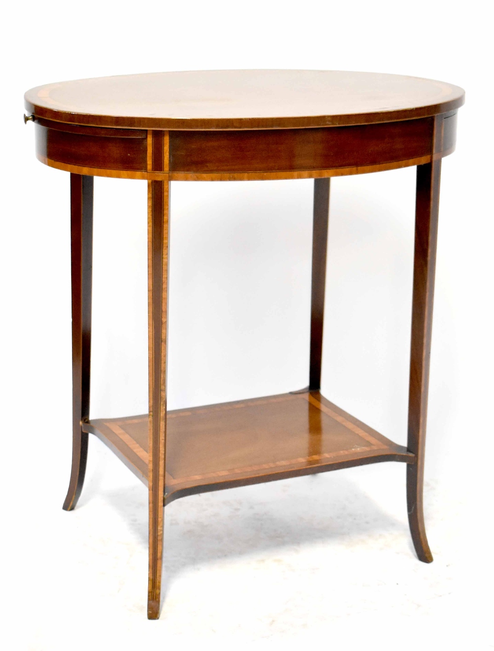 An Edwardian mahogany inlaid oval occasional table with single drawer to one side and extending