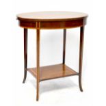 An Edwardian mahogany inlaid oval occasional table with single drawer to one side and extending